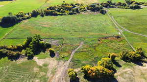 Birds eye view of property with a rural view