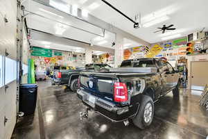 Garage with ceiling fan