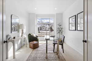 View of carpeted home office