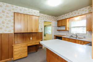 Kitchen featuring dark carpet, dishwasher, and sink