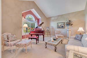 Living room featuring carpet and high vaulted ceiling