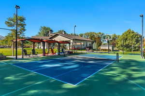 View of Pickle Ball court featuring basketball court and a gazebo