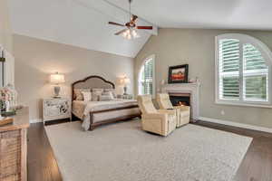 Master Bedroom with ceiling fan, multiple windows, and dark wood-type flooring