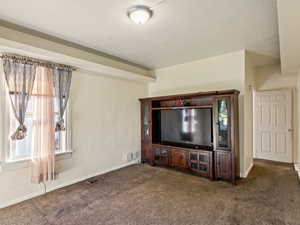 Unfurnished living room with dark colored carpet