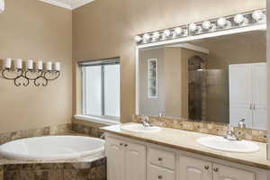 Bathroom featuring plus walk in shower, ornamental molding, and vanity