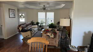 Living room with a raised ceiling, dark hardwood / wood-style flooring, and ceiling fan