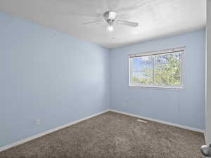 bedroom featuring a textured ceiling, carpet, and ceiling fan. Amazing views