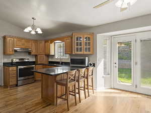 Kitchen with plenty of natural light, sink, stainless steel appliances, and decorative light fixtures