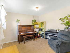 Sitting room featuring light colored carpet