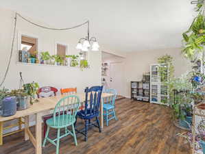 Dining area with dark wood-type flooring