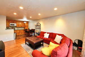 Living room featuring light hardwood / wood-style flooring and a textured ceiling