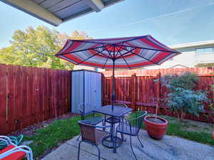 View of patio / terrace featuring a shed