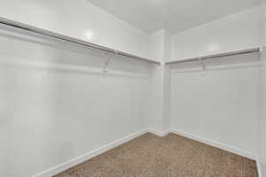 Walk in closet with carpet flooring, Primary bedroom