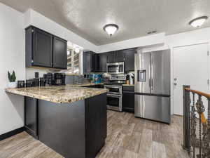 Kitchen featuring appliances with stainless steel finishes, light wood-type flooring, kitchen peninsula, decorative backsplash, and sink