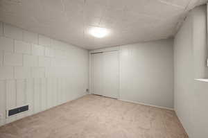 Unfurnished room featuring light carpet