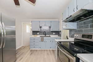 Kitchen featuring ceiling fan, sink, tasteful backsplash, light hardwood / wood-style flooring, and stainless steel appliances