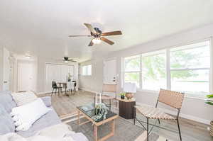 Living room featuring ceiling fan and light hardwood / wood-style flooring