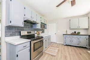 Kitchen featuring white cabinetry, tasteful backsplash, stainless steel appliances, light wood-type flooring, and ceiling fan