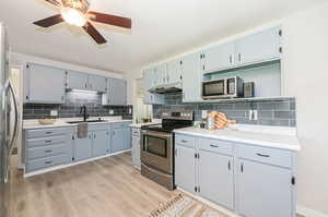 Kitchen with appliances with stainless steel finishes, decorative backsplash, light hardwood / wood-style floors, ceiling fan, and sink