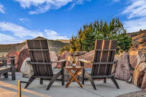 View of patio featuring a mountain view