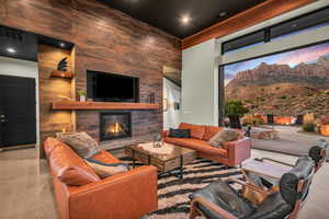 Living room with a large fireplace