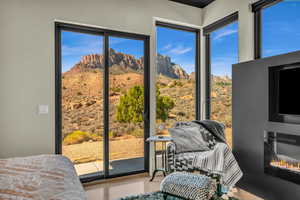 Interior space featuring a mountain view and access to outside