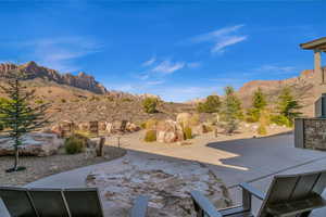 View of patio featuring a mountain view