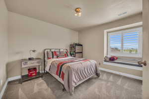 Bedroom with a textured ceiling and carpet flooring