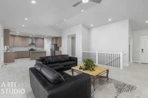 View across great room into kitchen area