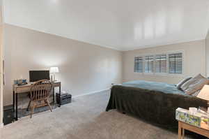 Bedroom featuring carpet floors and crown molding