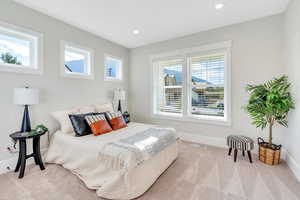 Bedroom with light colored carpet and multiple windows