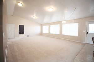 Unfurnished living room featuring lofted ceiling, a wealth of natural light, carpet floors, and a textured ceiling