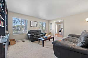 Living room with light colored carpet and a healthy amount of sunlight