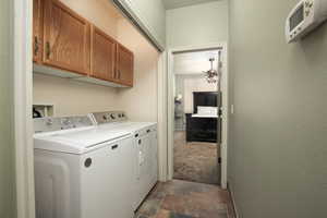 Laundry area with cabinets, dark carpet, and independent washer and dryer