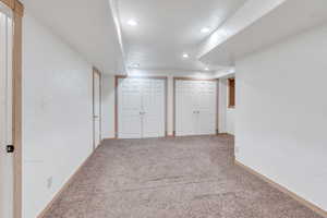 Basement with carpet