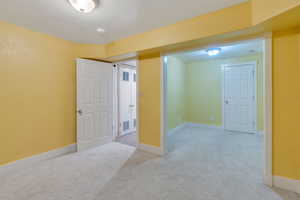 Basement featuring light colored carpet