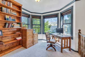 Home office featuring light carpet and crown molding