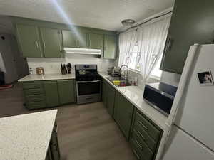 Kitchen featuring wood-type flooring, backsplash, stainless steel appliances, green cabinets, and sink