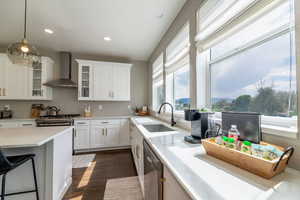 Kitchen with dark wood-type flooring, sink, white cabinets, wall chimney exhaust hood, and appliances with stainless steel finishes