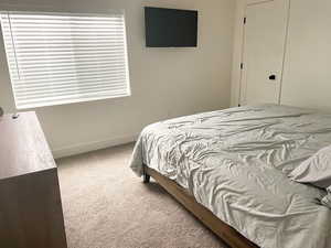 Bedroom with carpet and a closet