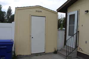 View of shed featuring entry steps