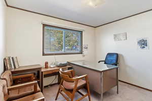 Office space with light colored carpet and ornamental molding