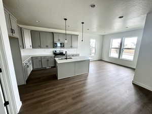 Kitchen with an island with sink, sink, decorative light fixtures, stainless steel appliances, and dark hardwood / wood-style flooring