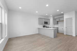 Kitchen featuring gray cabinets, appliances with stainless steel finishes, light wood-type flooring, and kitchen peninsula