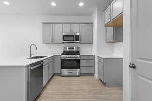 Kitchen with gray cabinets, stainless steel appliances, light hardwood / wood-style flooring, and sink