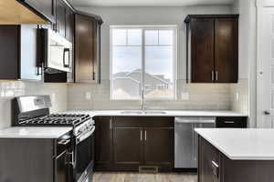 Kitchen with light hardwood / wood-style floors, sink, decorative backsplash, stainless steel appliances, and dark brown cabinetry