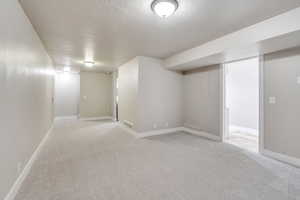 Basement featuring a textured ceiling and light colored carpet