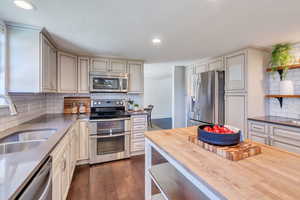 Kitchen featuring sink, wooden counters, tasteful backsplash, dark wood-type flooring, and stainless steel appliances