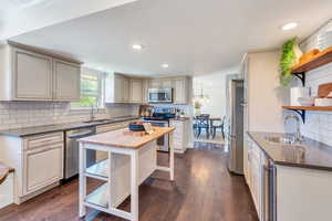 Kitchen with wooden counters, appliances with stainless steel finishes, dark wood-type flooring, and sink