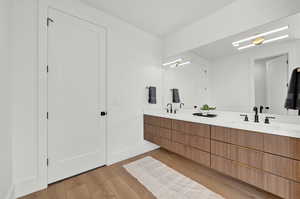 Bathroom with hardwood / wood-style floors and vanity